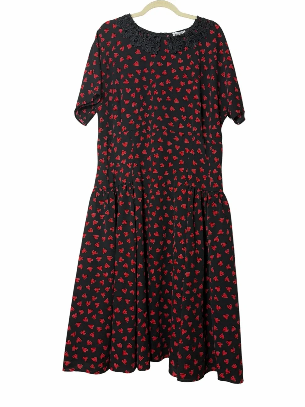 Unique Vintage Margie 1940s Heart Print Midi Dress Black Red Lace Collar 2X - Picture 6 of 9